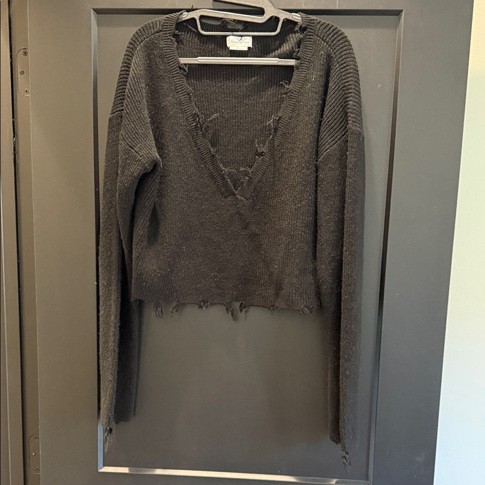 Lovers + Friends Black Distressed V-Neck Cropped Sweater